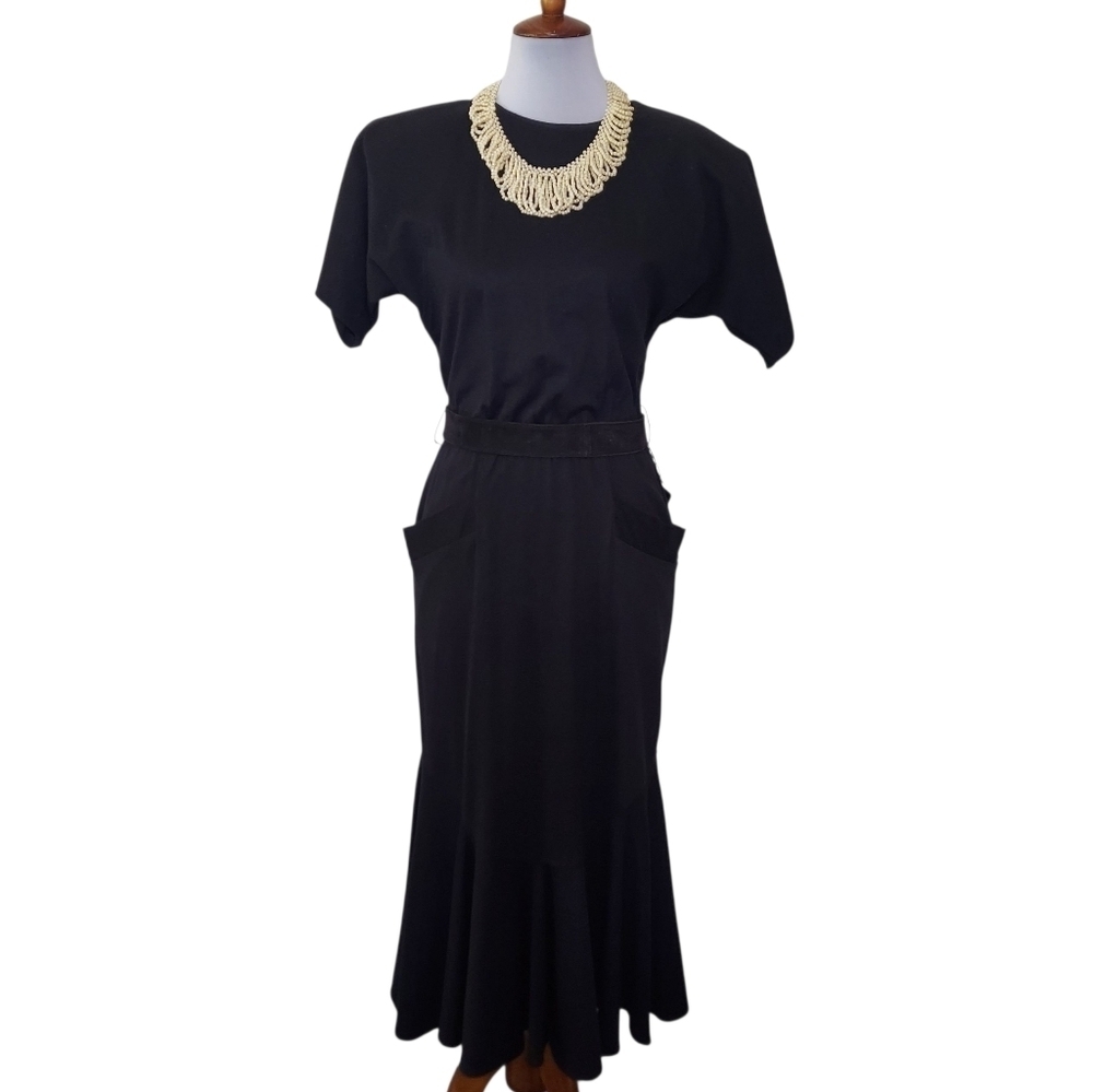 Vintage Black Sheath Dress with Dolman Sleeves and Bib Collar